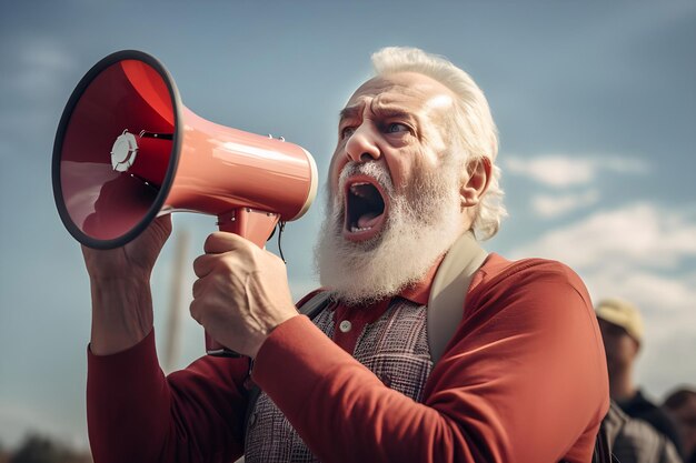 Foto vecchio uomo caucasico all'aperto con un megafono generato da ai