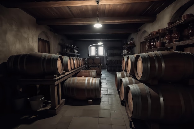 Old cellar with bottles and barrels AI