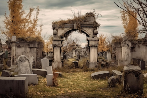 Old cemetery with crumbling gravestones created with generative ai
