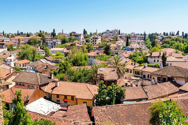 The old center of Antalya, the port of Kaleici in Antalya. roofs of houses, old tiles. tourist historical place in antalya, turkey. tourism to European historical sites