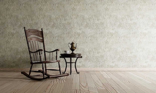 Old chair in the classic living room on wooden floor and raw
concrete background vintage interior and architecture concept 3d
illustration rendering