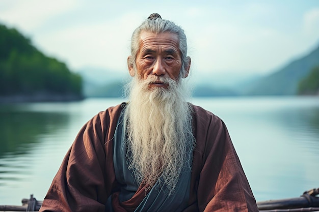 Старый китайский мужчина с длинной бородой.