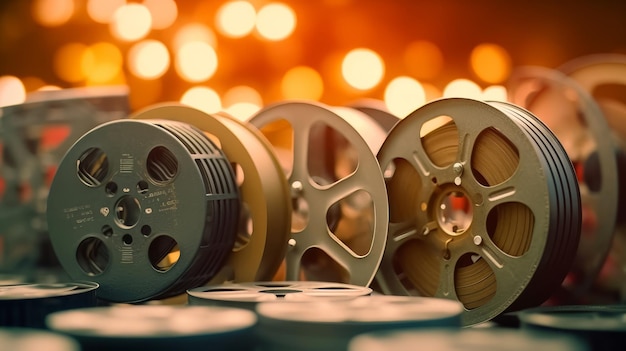 Old cinema film reels with bokeh background generative ai