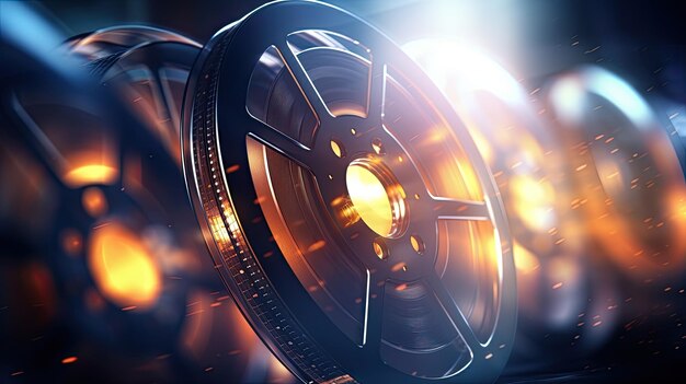 Photo old cinema film reels with bokeh background