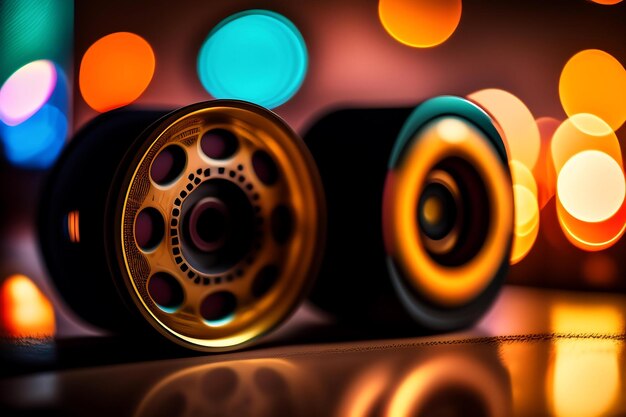 Old cinema film reels with bokeh background