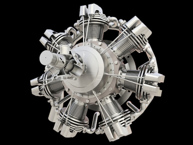 Old circular aircraft internal combustion engine. 3d rendering.