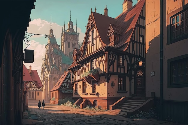 An old city in anime art style