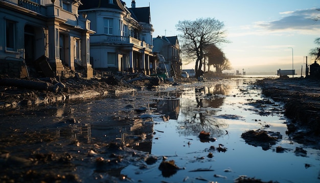 写真 古い街のスカイラインは夕暮れに人工知能によって生成された汚れた水に反射します