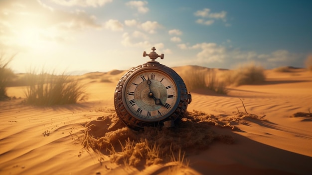 Old clock in a desert Passing of time concept and end time Generative AI