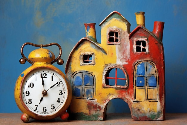 色の壁の背景にある木製のテーブル上の古い時計とおもちゃの家