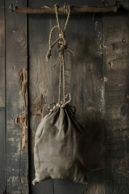 Old cloth bag hanging on a rope against a dark background