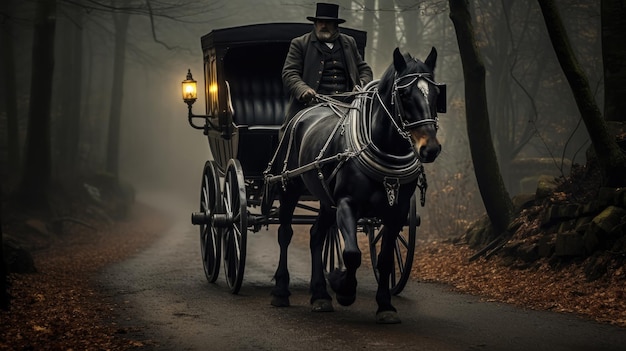 Photo an old coachman on a horse in the middle of the forest