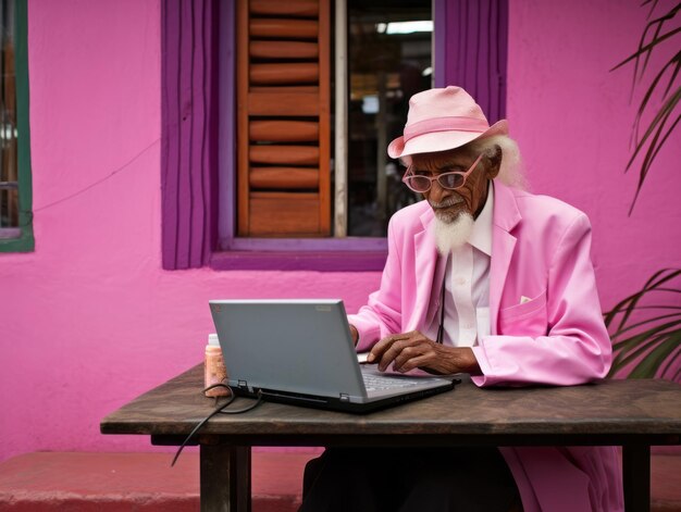 Photo old colombian man working on a laptop in a vibrant urban setting