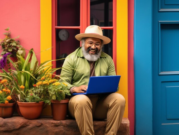 Old colombian man working on a laptop in a vibrant urban setting