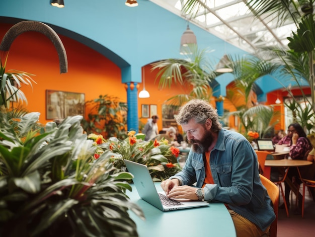 Old Colombian man working on a laptop in a vibrant urban setting