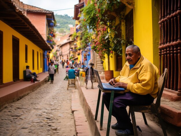 Old Colombian man working on a laptop in a vibrant urban setting