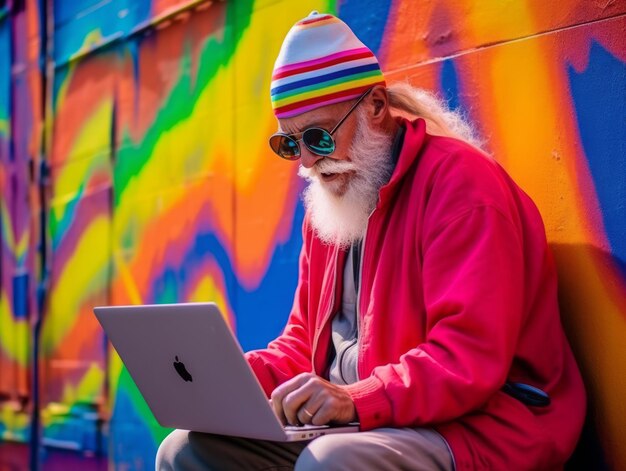 Old colombian man working on a laptop in a vibrant urban setting