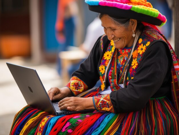 Old Colombian woman working on a laptop in a vibrant urban setting