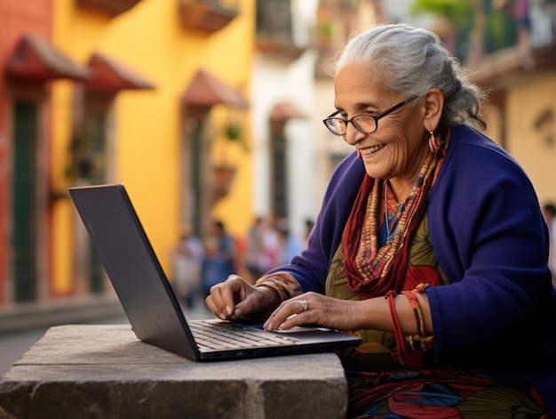 Old Colombian woman working on a laptop in a vibrant urban setting