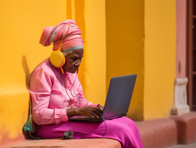 Old colombian woman working on a laptop in a vibrant urban setting