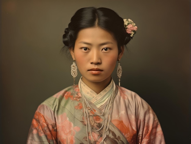 An old colored photograph of a asian woman from the early 1900s