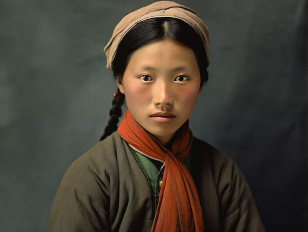 An old colored photograph of a asian woman from the early 1900s