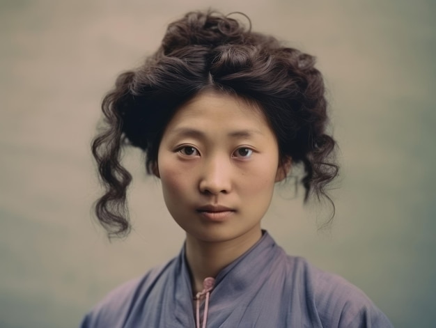 An old colored photograph of a asian woman from the early 1900s