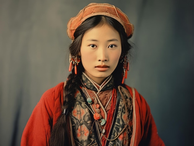 Photo an old colored photograph of a asian woman from the early 1900s