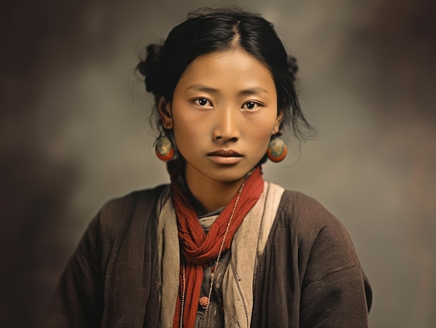 An old colored photograph of a asian woman from the early 1900s