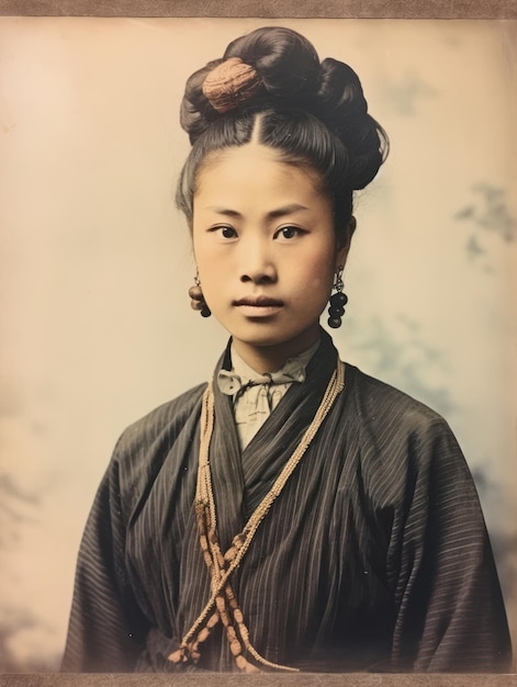 An old colored photograph of a asian woman from the early 1900s