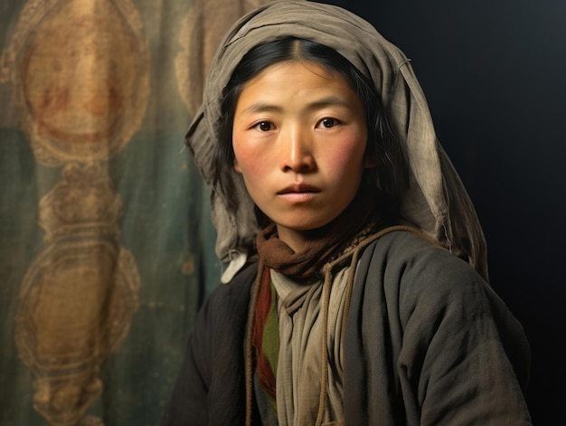 An old colored photograph of a asian woman from the early 1900s