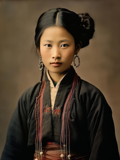 An old colored photograph of a asian woman from the early 1900s