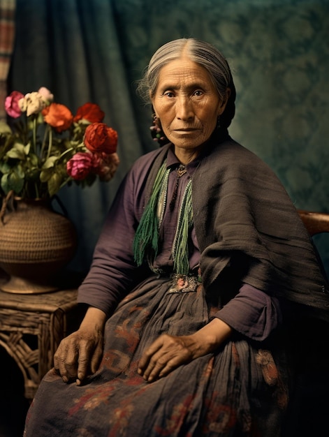 Фото Старая цветная фотография мексиканки начала 1900-х годов.