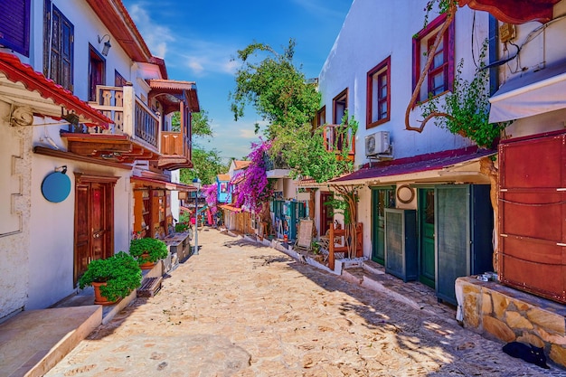 Old colored street view Houses with wooden balconies in Kas city Turkey