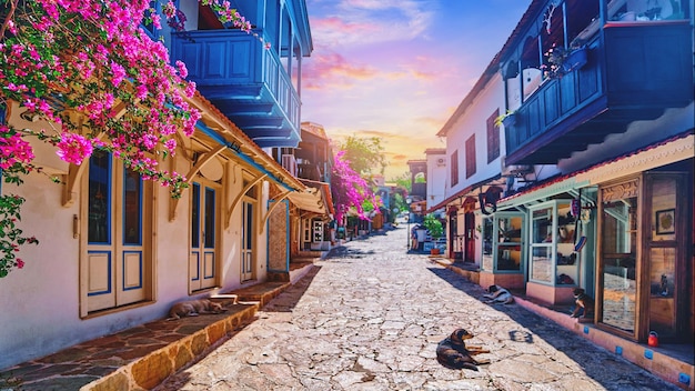 Vecchia vista sulla strada colorata case bianche con balconi in legno blu e fiori rosa nella città di kas in turchia