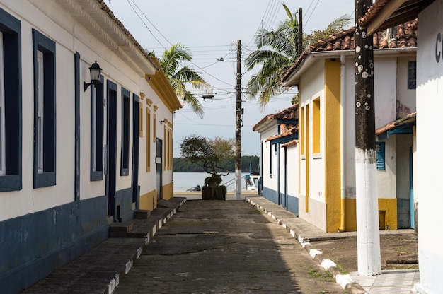 Old colorful buildings in the historic center of Cananeia in Brazil