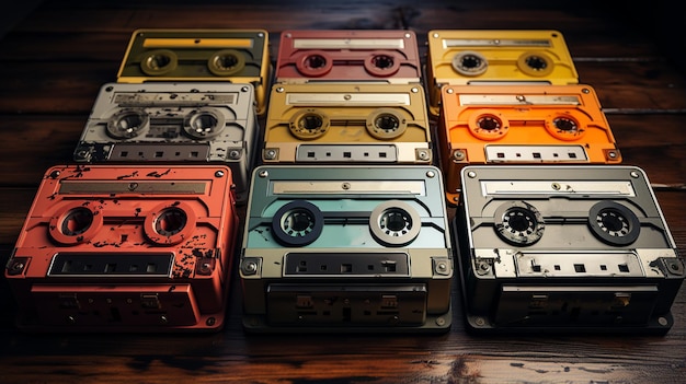 Old compact cassettes on the wooden table