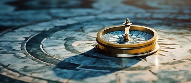 Old compass placed on a stone floor background with room for copy