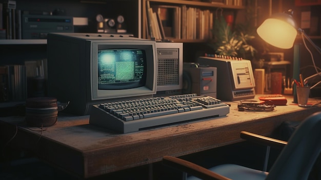 Old computer on a desk in the office Generative Ai