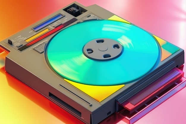 Старая компьютерная дискета 80-х и 90-х годов в стиле ретро красочный фон Generative AI