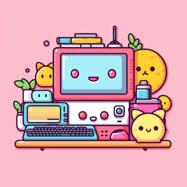 Photo old computer or game machine icon in pop art kawaii style on a pink background generative ai