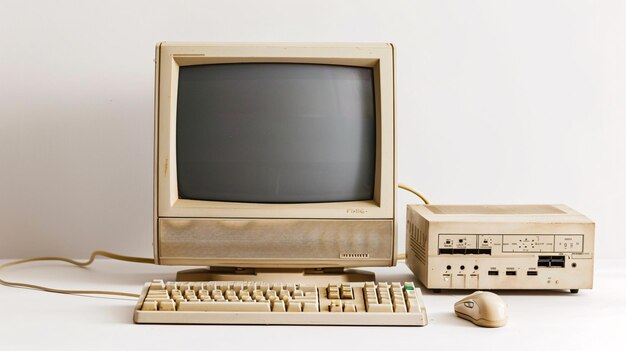 Old computer monitor system unit keyboard and mouse on white background