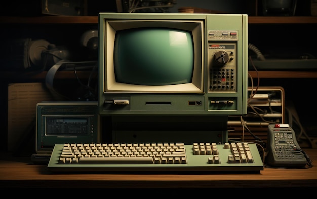 Старый компьютер, сидящий поверх старинного монитора ретро-технологии