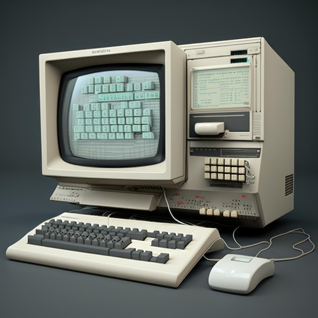 Фото Старая компьютерная станция с клавиатурой на сером фоне, созданная с использованием генеративной технологии ии