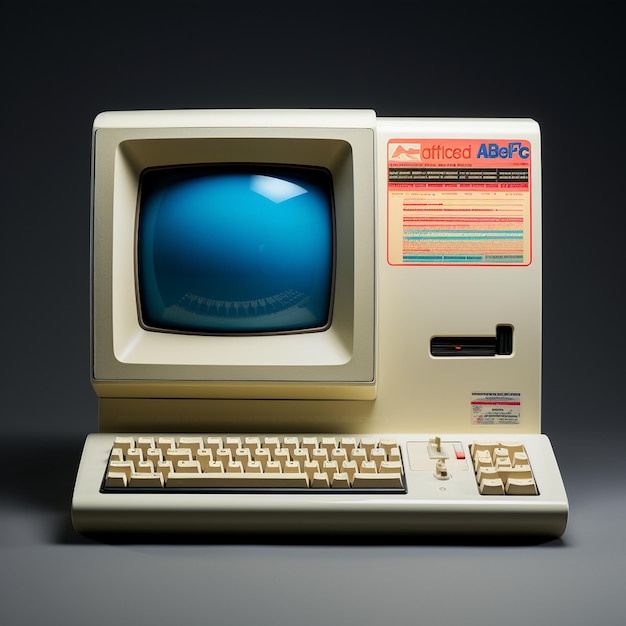 an old computer with a blue ball on the screen