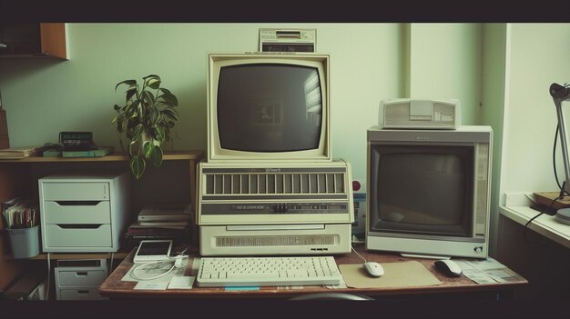 an old computer with a monitor and a keyboard on a desk