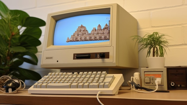 Foto un vecchio computer con l'immagine di un castello sullo schermo.