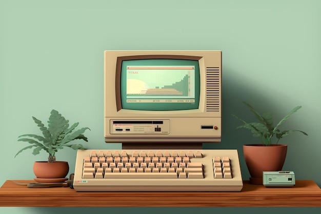 An old computer with a picture of a ship on the screen.