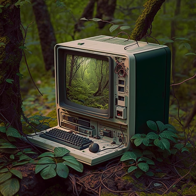 An old computer with a screen showing a forest scene.