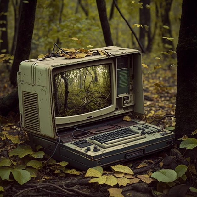 森の絵が表示された画面を備えた古いコンピューター。